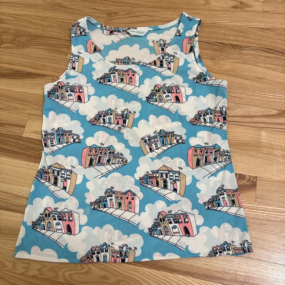 Vintage 1970s Alex Colman Tank Top Shirt Blue Sky Pink Houses Funky Graphic